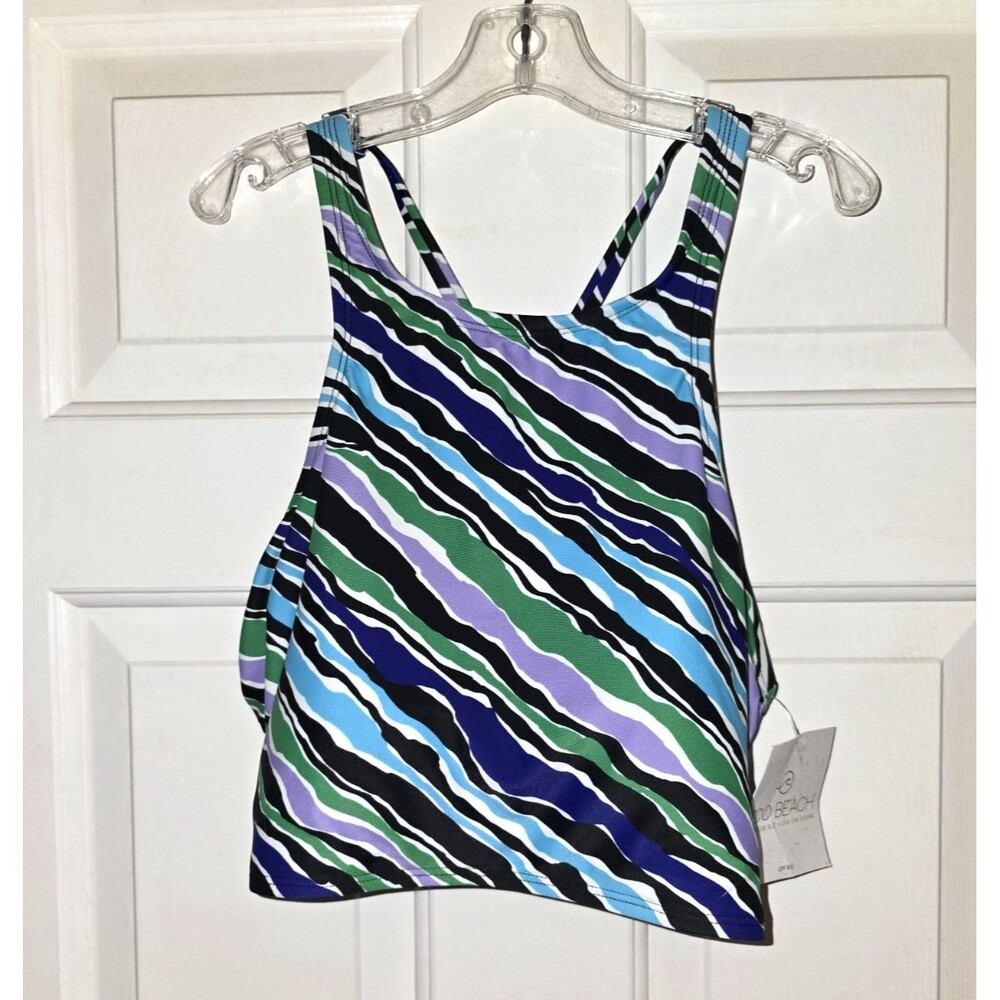 Eco Beach High Neck Strappy Back Swim Top UPF50+ Multi Stripe Sporty Large NEW
